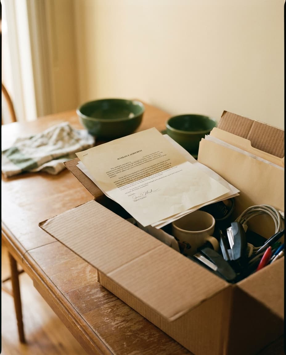 Person at a desk with a box, looking hopeful, with a health shield icon