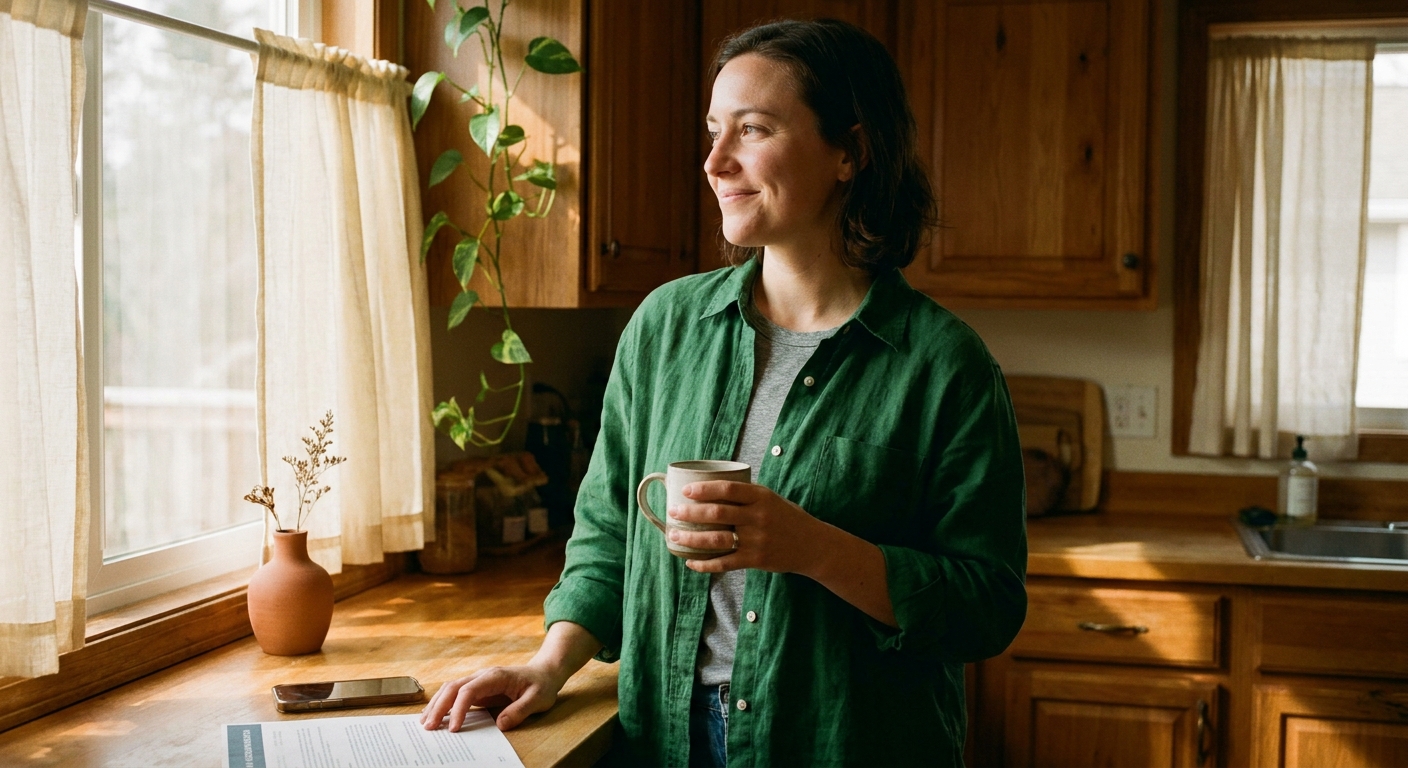 A woman in her 30s standing at her kitchen window with a ceramic mug of coffee, her printed plan recommendation and phone on the counter beside her, looking out in a quiet moment of relief