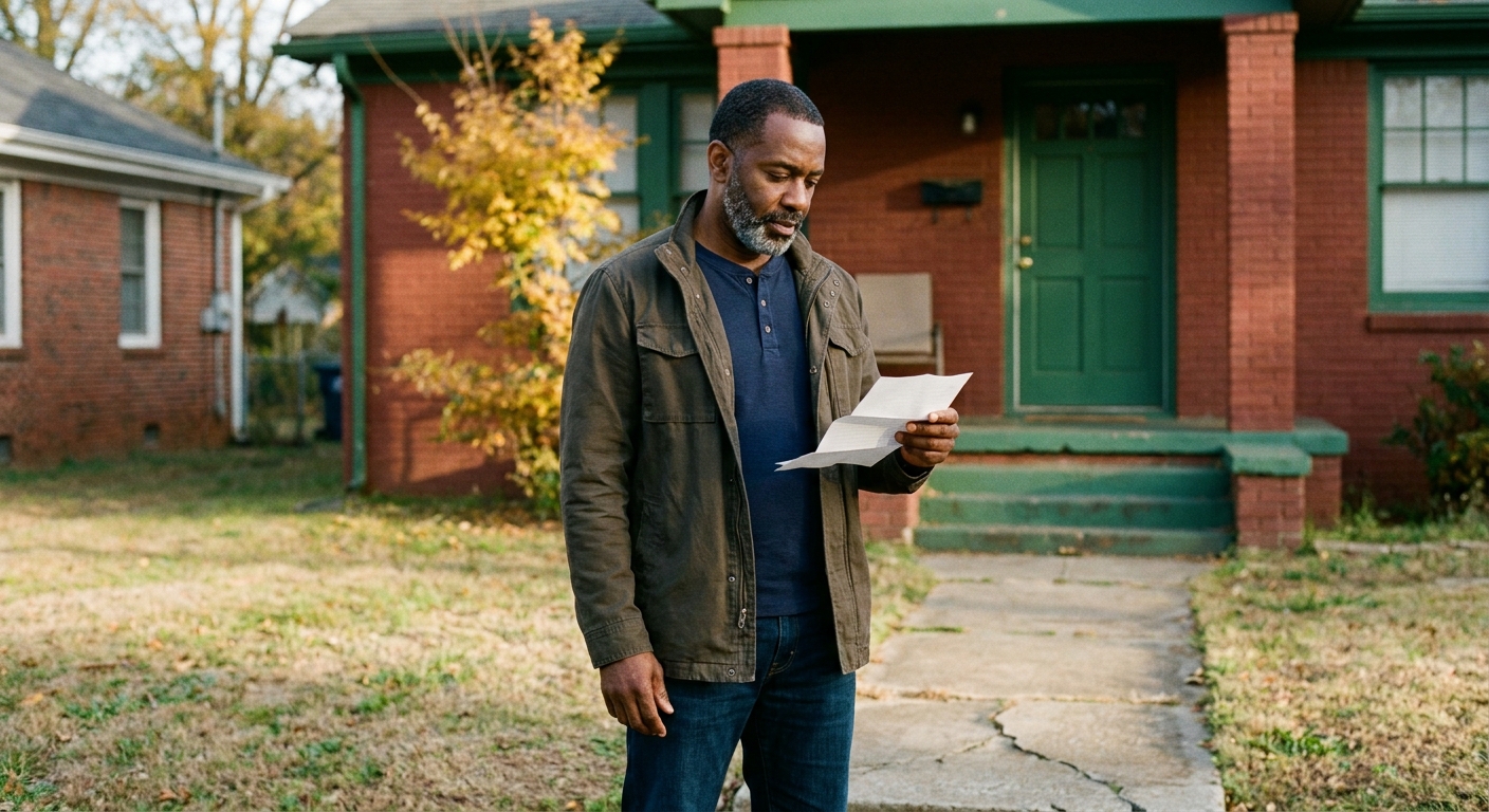 James, after a layoff, standing on the walkway outside his own red-brick home reading an opened letter, forest-green front door and an autumn tree in the background