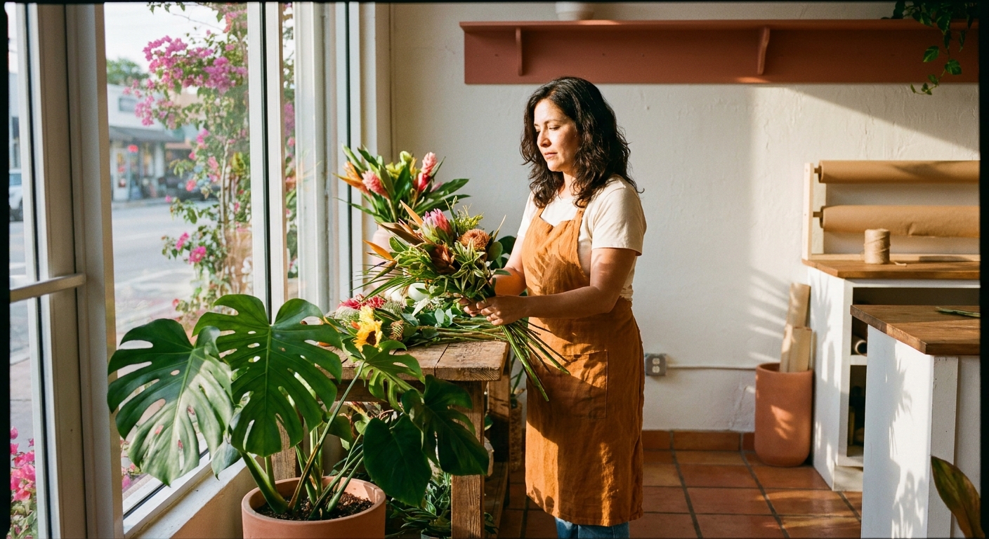 Luz, a small-business owner, arranging tropical flowers at her Miami florist shop with bougainvillea visible through the storefront window