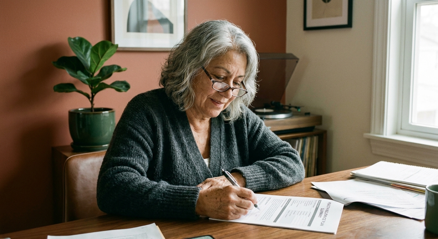 Maria, a freelance designer in her early 60s with silver-gray hair and reading glasses, annotating a printed health insurance summary at her home studio desk with a fiddle-leaf fig and vinyl turntable behind her